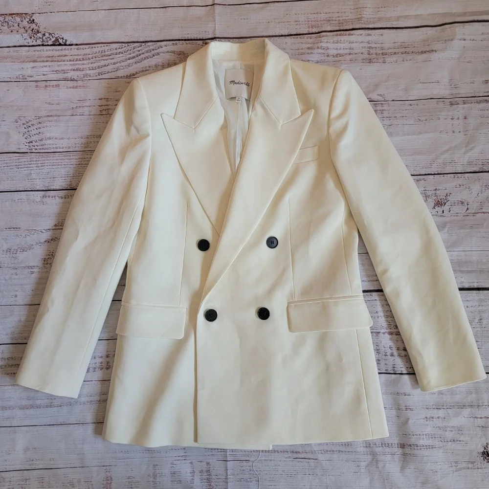 Madewell Wool Blend Off-White Double Breasted Collared Blazer Women's 00 - Picture 1 of 8
